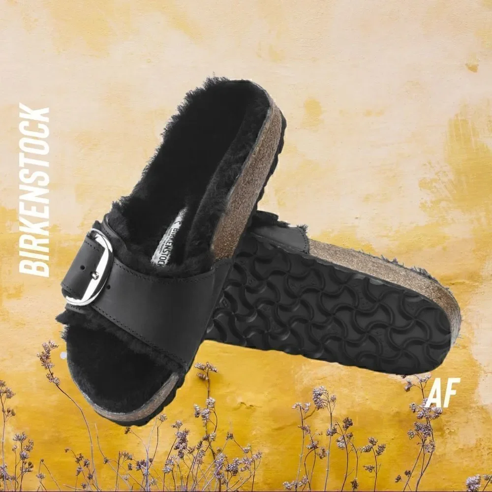 BIRKENSTOCK MADRID SHEARLING BIG BUCKLE SANDALS BLACK NEW NWT